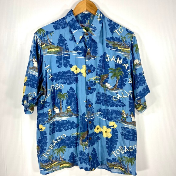 VTG Reyn Spooner Jamaica Tobago Calypso Blue Hawaiian Shirt Mens Medium - Picture 1 of 6